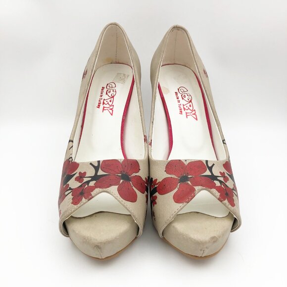 GOBY Sakura Red Floral Peep Toe High Heels Pumps Womens 8 - Picture 2 of 10
